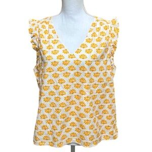 NWT J.Crew Vneck Top white with orange shells and ruffle details sleeveless L